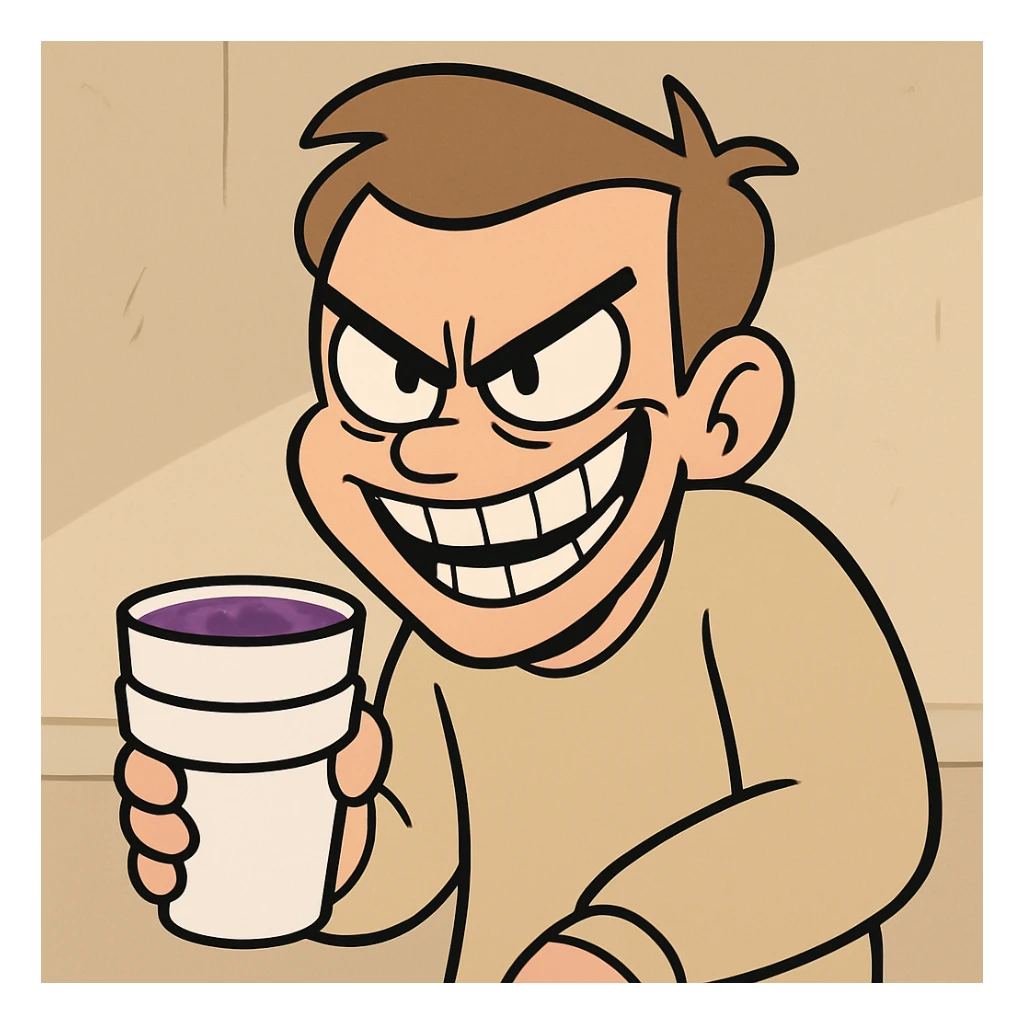 sharp, slanted angry eyes and a wide devious grin, holding a double cup of purple drank, cartoon style sticker