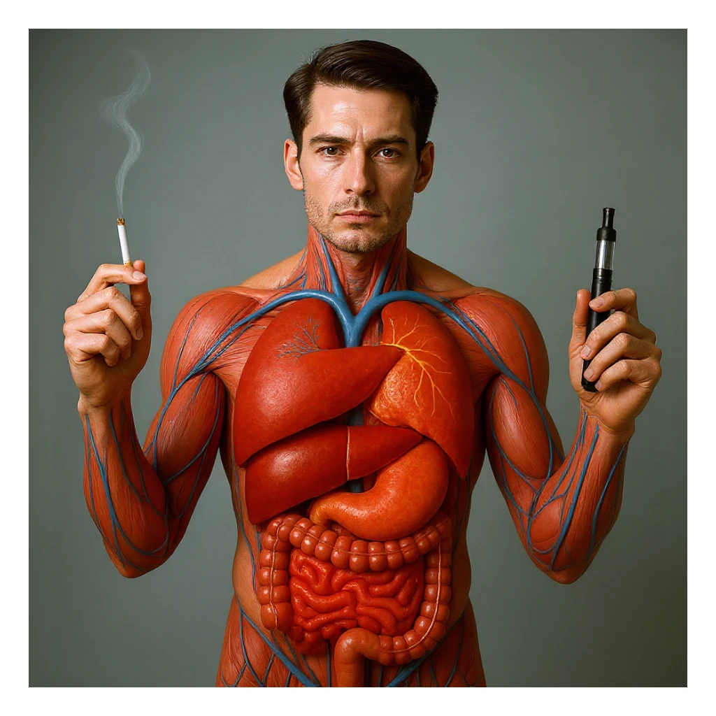 Hyperrealistic 4K vertical 9:16 medical illustration, realistic human anatomical body, inflamed liver and intestines highlighted, man holding a lit cigarette in the right hand and an electronic cigarette in the left, style identical to the reference image. sticker