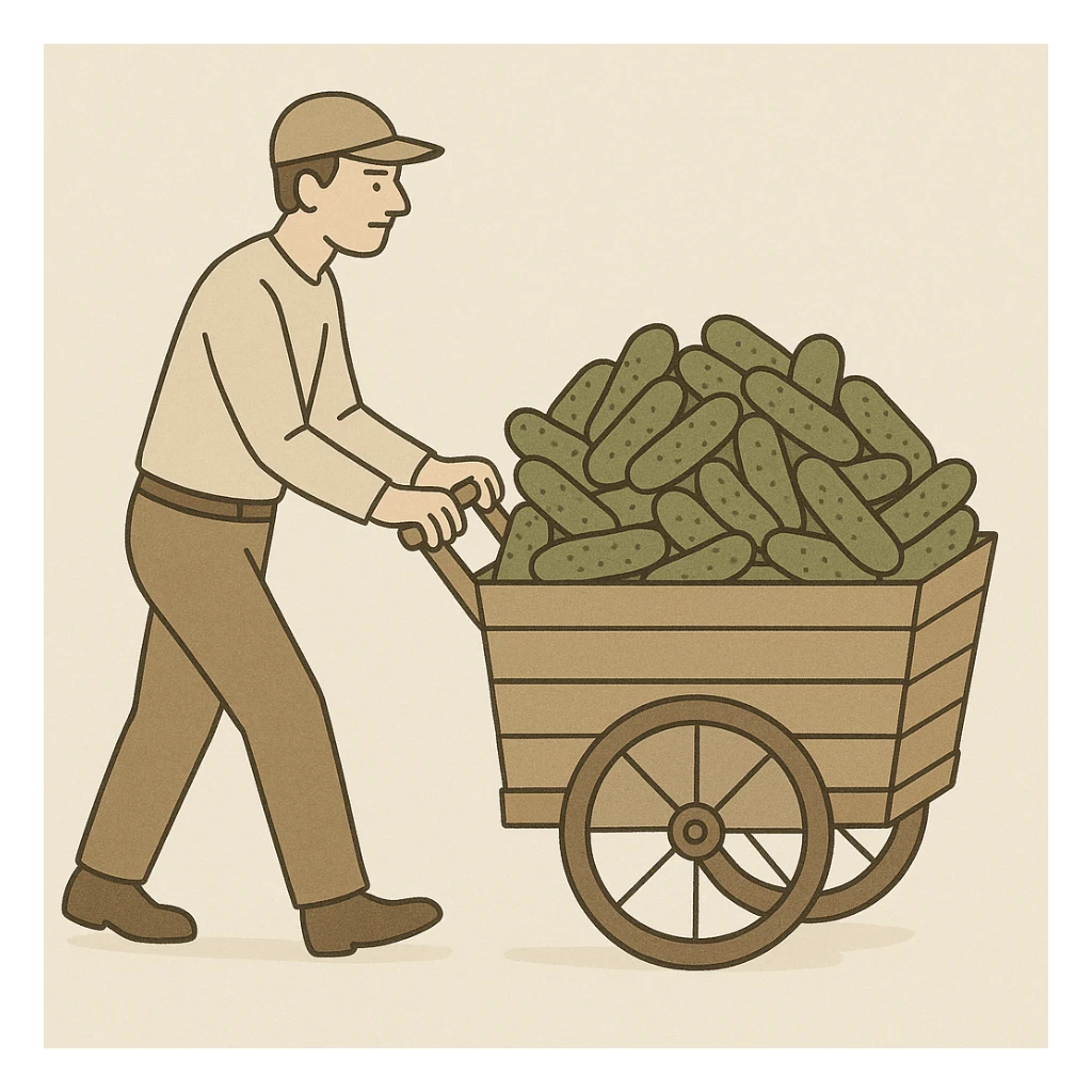 a man pushing a cart full of pickles, neutral illustrative style sticker