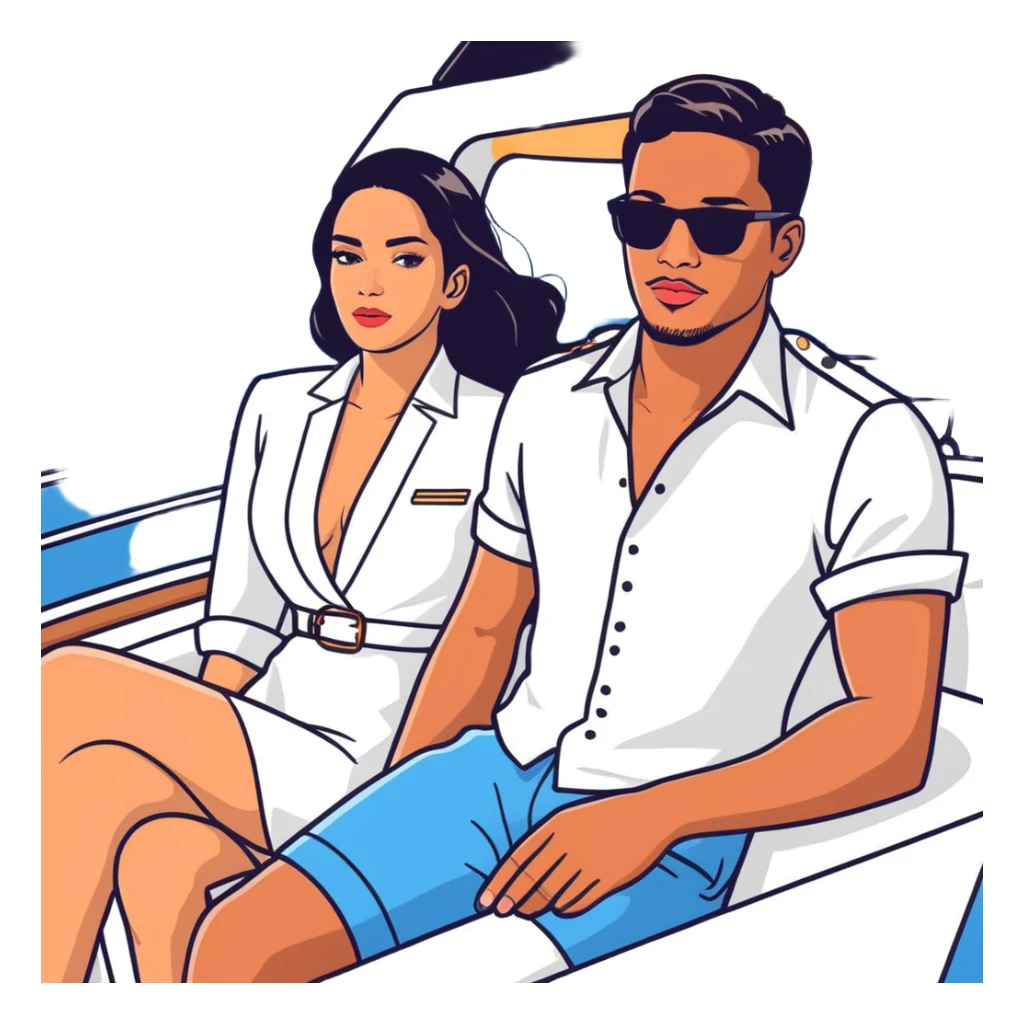 Peruvian superstar Tefi Valenzuela and JetSet Josh King Madrid luxuriate aboard private yacht, radiating glamour. sticker