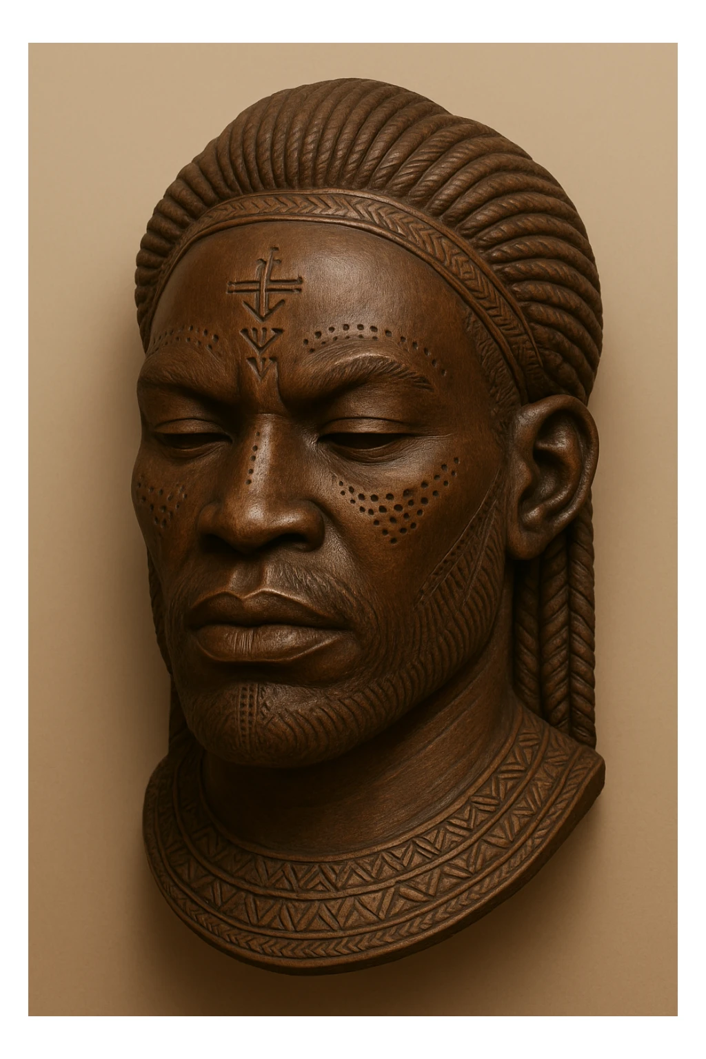 Transform this Mwana Pwo mask into a male version inspired by Cokwe male mask traditions, featuring bold masculine facial features, detailed wood carving, and tribal symbolism. Use a plain background to emphasize the mask's cultural significance. sticker