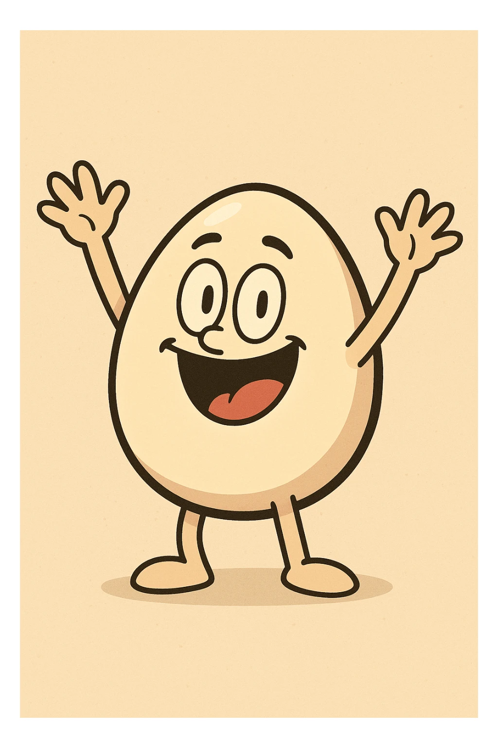 an egg character with hands in the air, cheerful expression, flat illustration style sticker