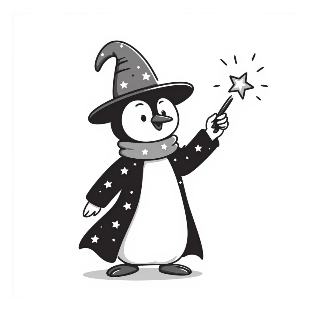 penguin wizard with a starry robe and glowing wand, hand-drawn doodle style sticker
