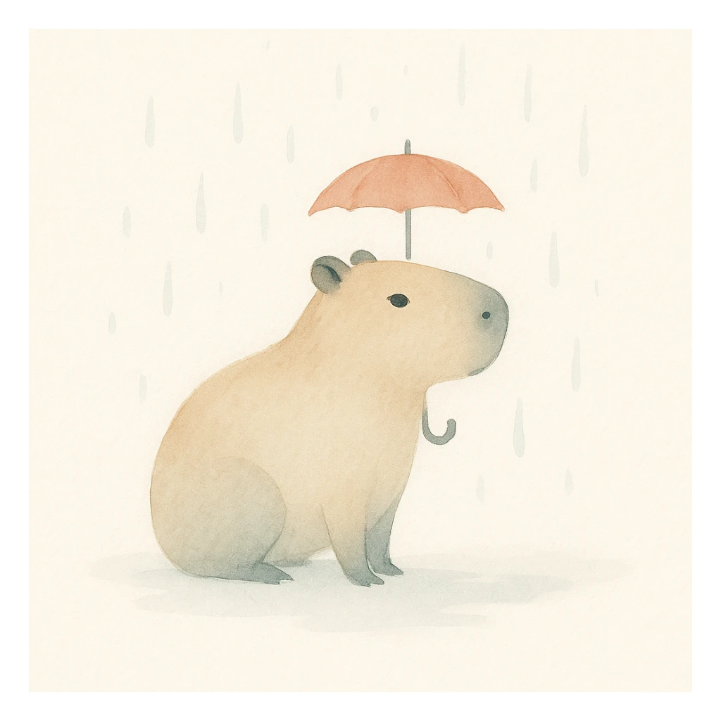 capybara holding a tiny umbrella in the rain, style 4, watercolor art style sticker