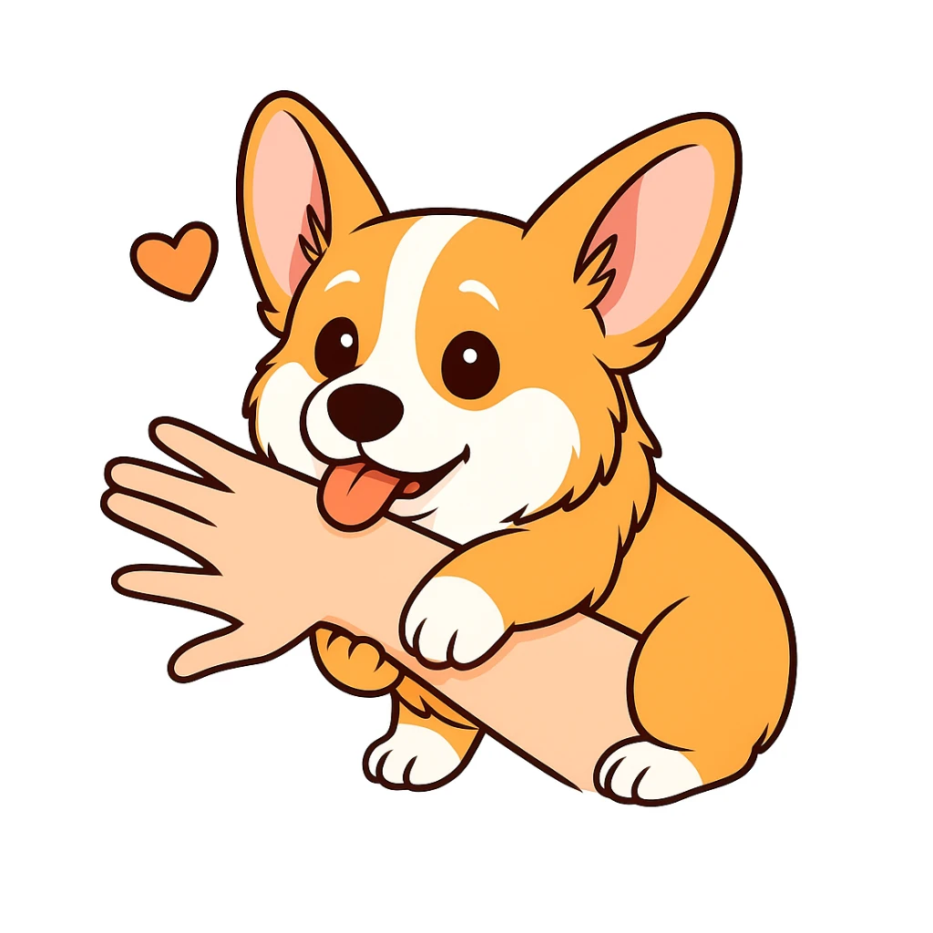 изобразить моего корги, сохранив внешность и телосложение в позе и эмоции как на первом референсе
обхватывает передними лапками человеческую руку и мило прикусывает sticker