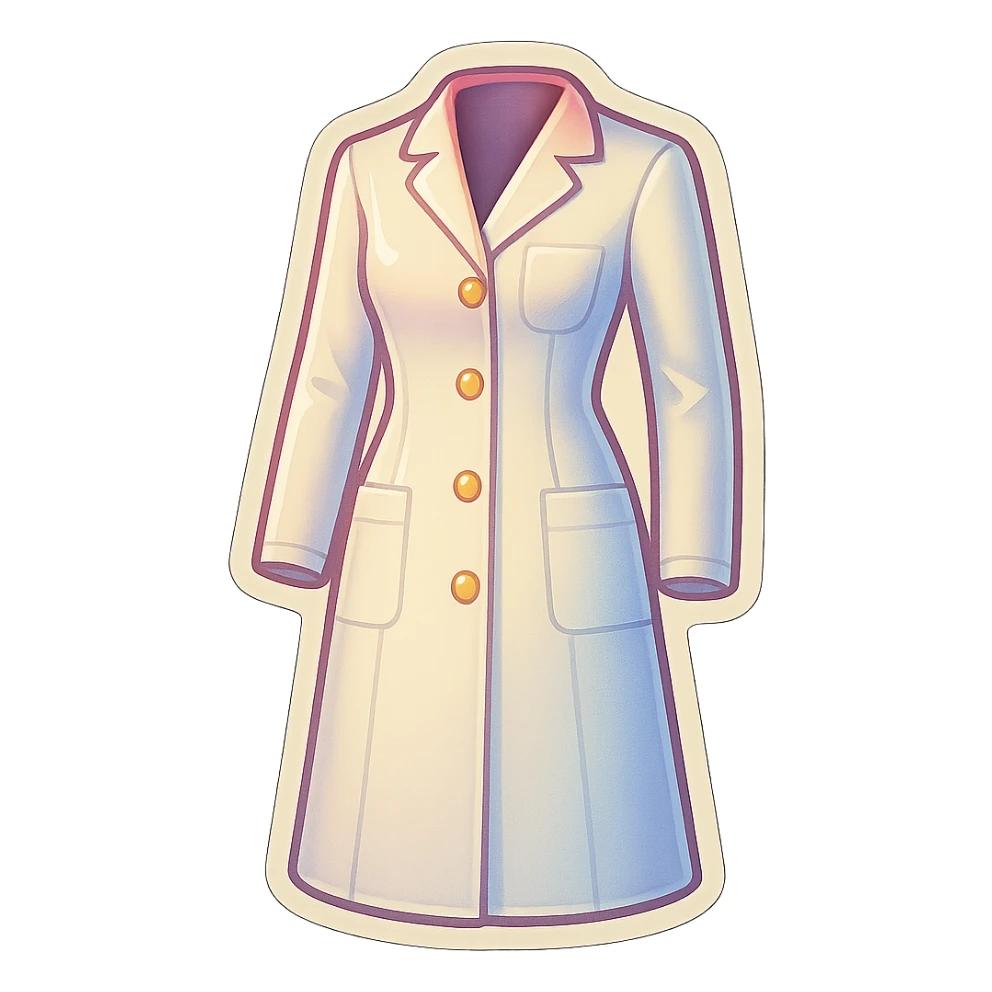 female medical coat full length, fitted silhouette, retro stickers style, soft rounded shapes, clean contours, pastel palette, shadows and highlights, modern illustration, transparent background sticker