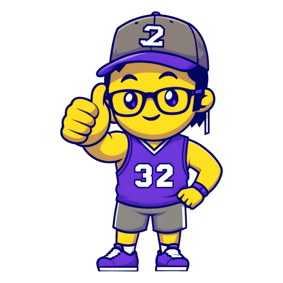 Man with black and white cap, purple sports jersey with number 32, glasses, mullet hairstyle, thumbs up gesture sticker