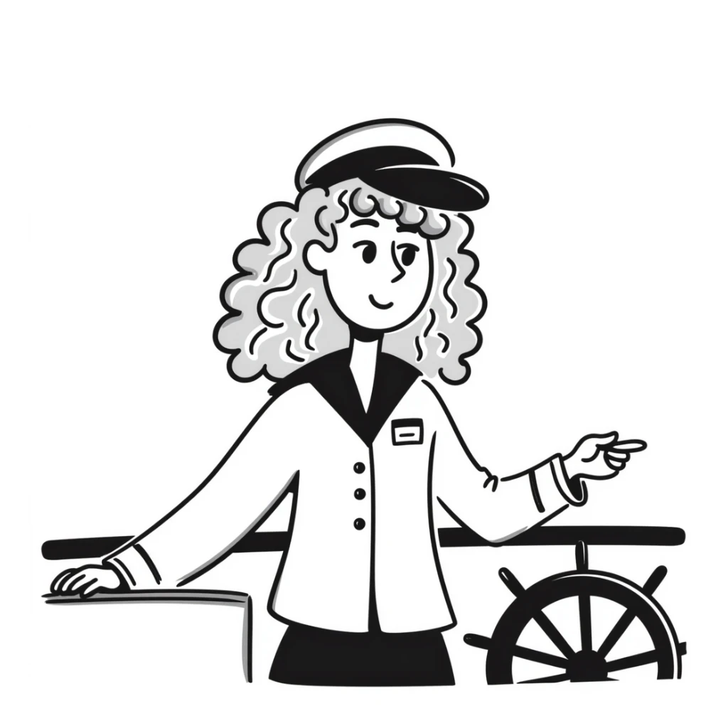 girl with curly dirty blonde hair, cruise captain, questioning expression sticker