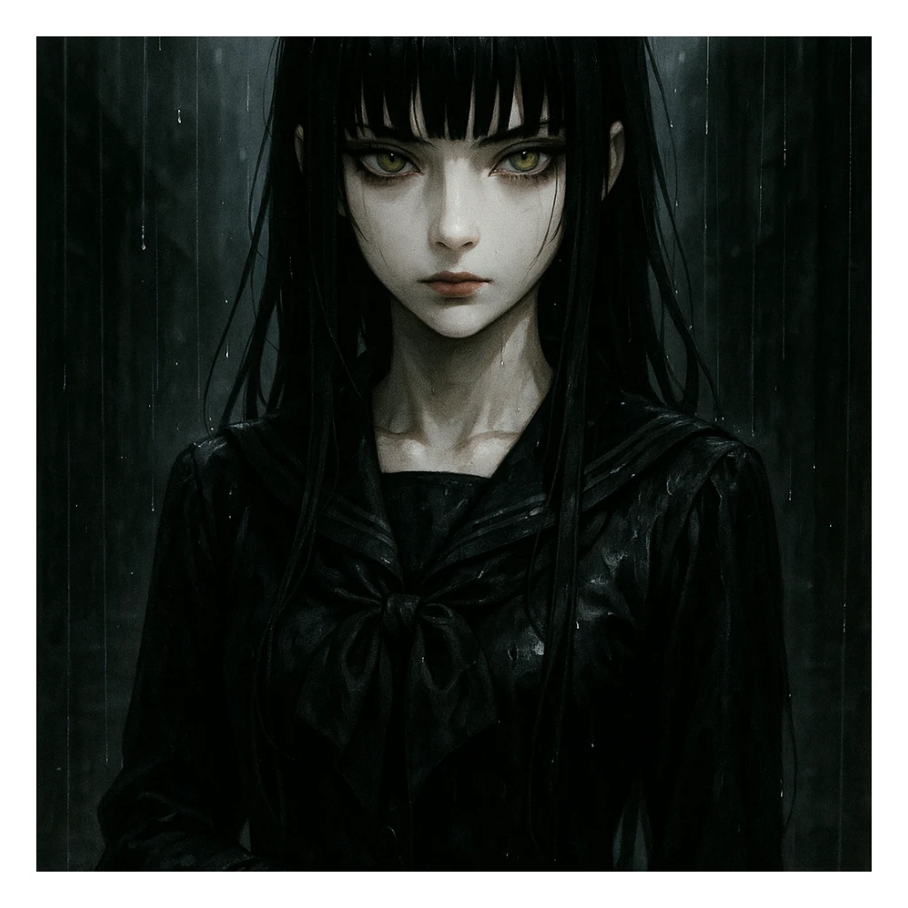EchoMoon, silent mysterious anime girl, long black hair, sharp bangs, pale skin, amber green eyes, cold beauty, wet black school uniform, gloves, standing in rain, cinematic noir atmosphere, dramatic shadows, gothic shoujo, ultra-detailed sticker