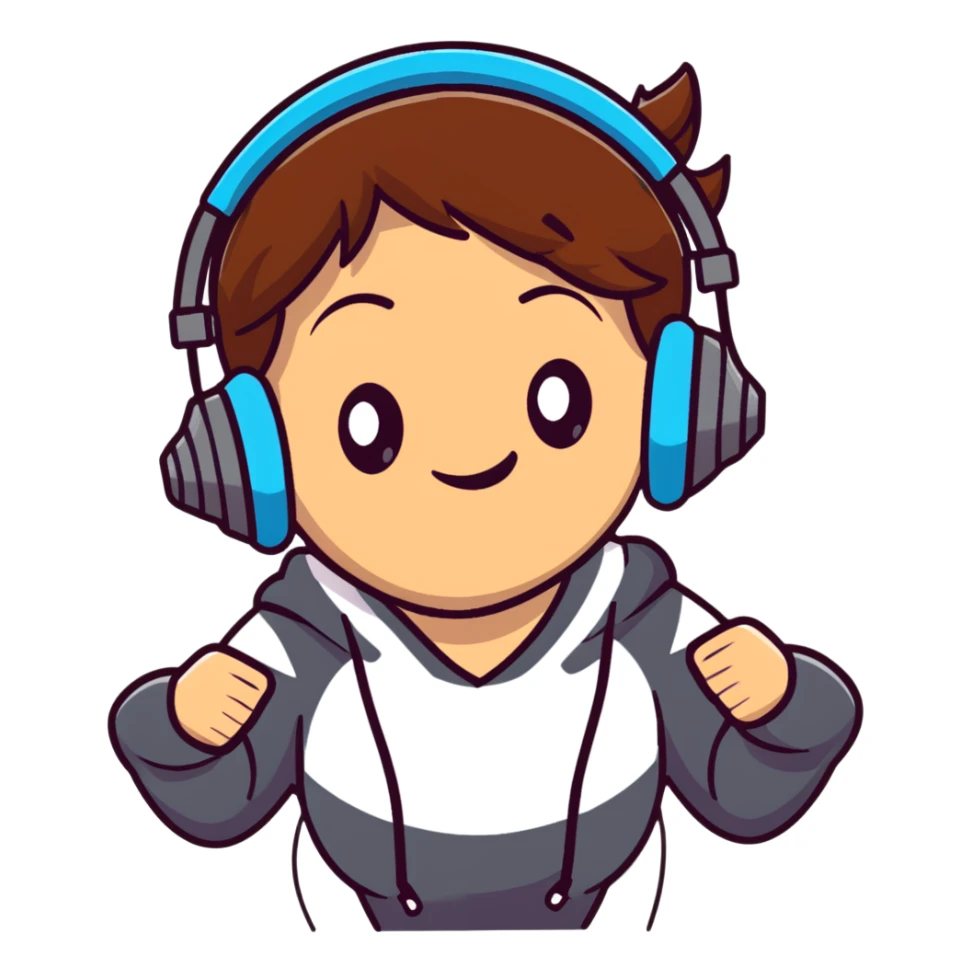 brown-haired gamer girl, excited expression, headphones, head only, emote sticker