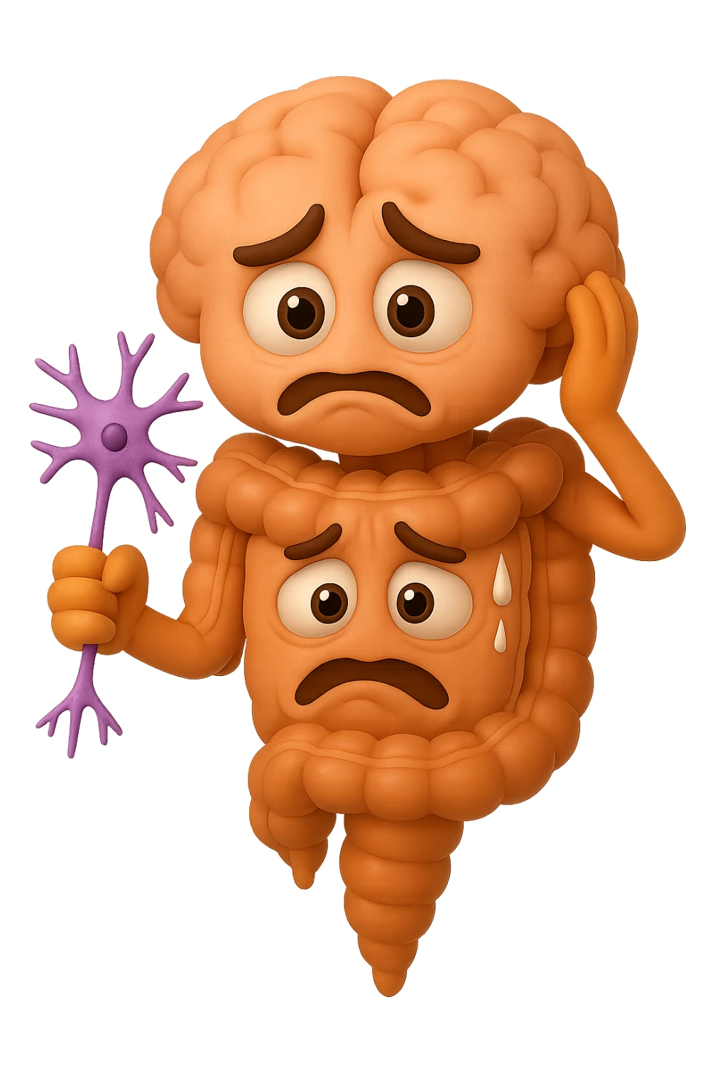 EMOJI STILE IPHONE DI UN INTESTINO collegato verticalmente ad un cervello mentre tiene in mano un neurone, espressione stressata, IPERREALISTICO 4K sticker