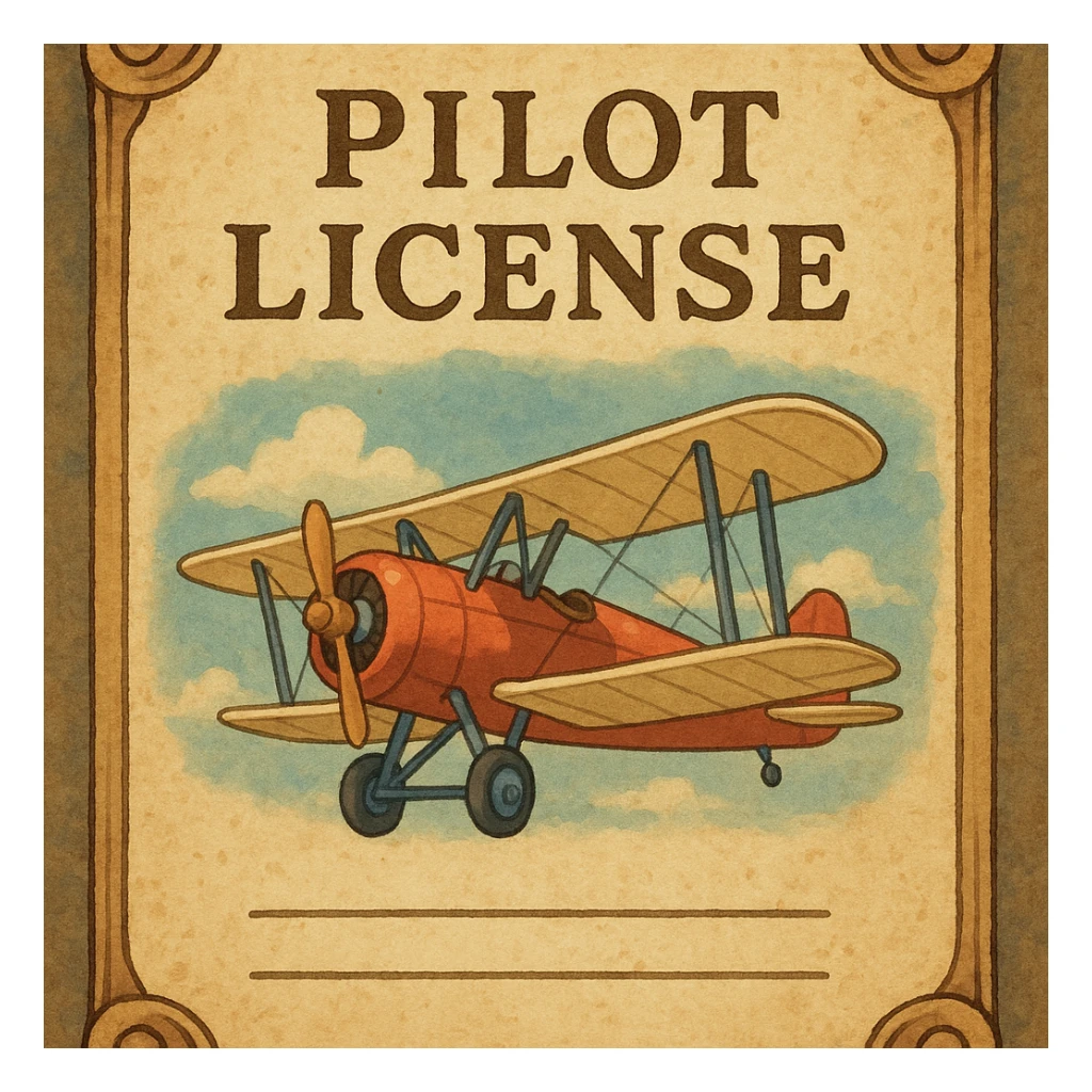 vintage-style pilot license with retro airplane and scroll-like border sticker