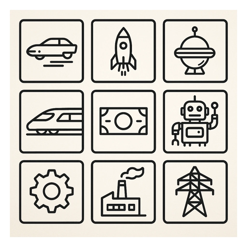 large resolution square minimal icons, space semiotic, black print on white background, square outline icons, sleek symbols, transportation, economy, engineering, industry. Designed for signage. futuristic dystopian futurepunk cyberunk sticker