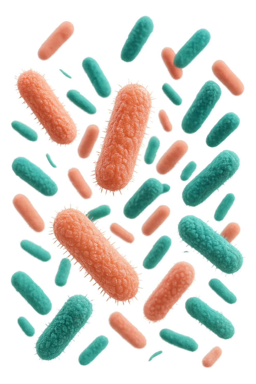 batteri intestinali rosa salmone e turchesi fluttuano in aria, iperrealistici 4k sticker