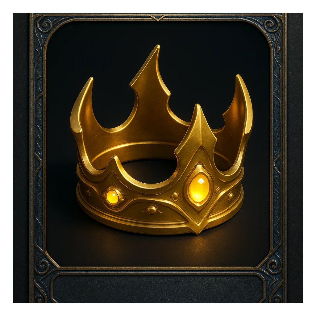 modern fantasy golden crown with smooth curves, intricate details, softly glowing gemstones, set inside a Magic: The Gathering style card frame with ornamental corners, arcane patterns, metallic magical finish, dark background for contrast, clean iconic look, ideal for Discord emoji or Magic league logo sticker