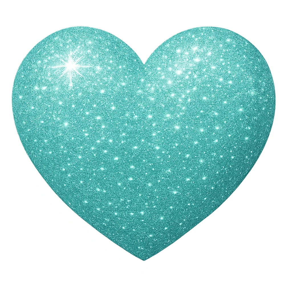 Make the mint color heart glittery with sparkling glitter effect, keeping the background transparent. Focus on enhancing the glitter texture and shine on the mint color heart. sticker