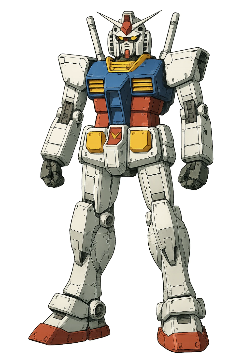 Gundam robot, standing upright, neutral stance, no dynamic pose, detailed mechanical design, white, blue, red, and yellow color scheme, no background sticker