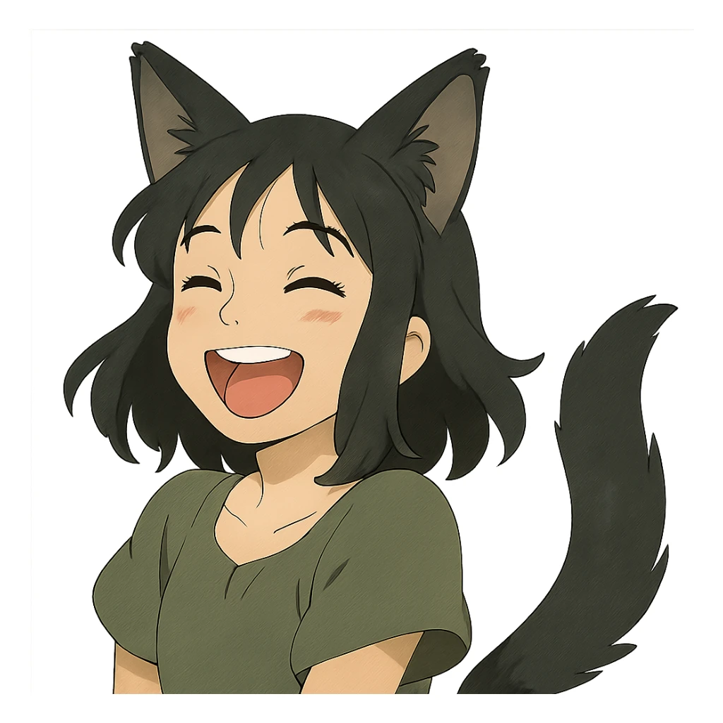 A girl with black fox ears and a tail, green eyes, dark hair, laughing sticker