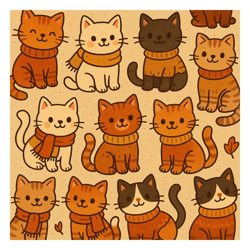 cute cats in scarves and sweaters, seamless pattern, autumn colors, warm and cozy vibe, playful cartoon style sticker