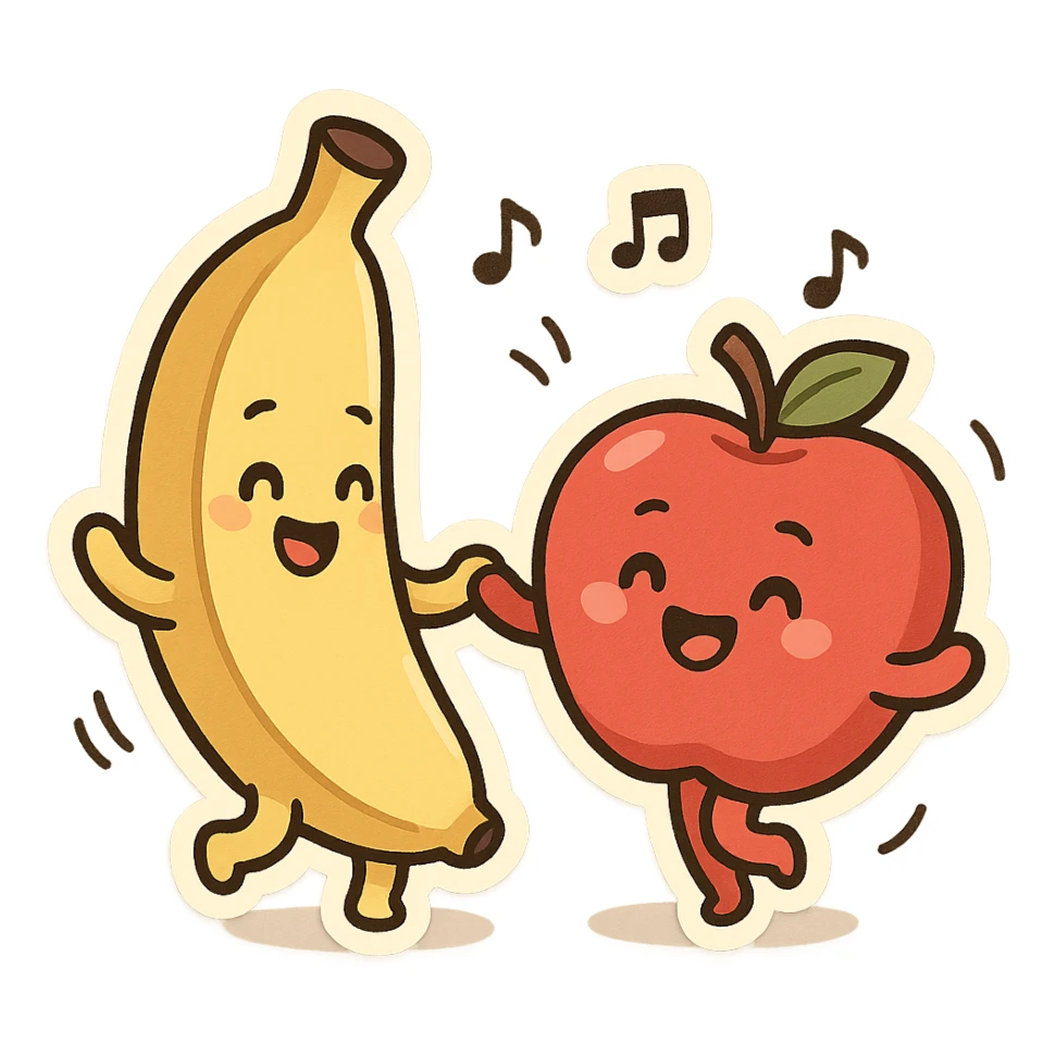 a banana and an apple dancing together, playful and fun, simple background sticker