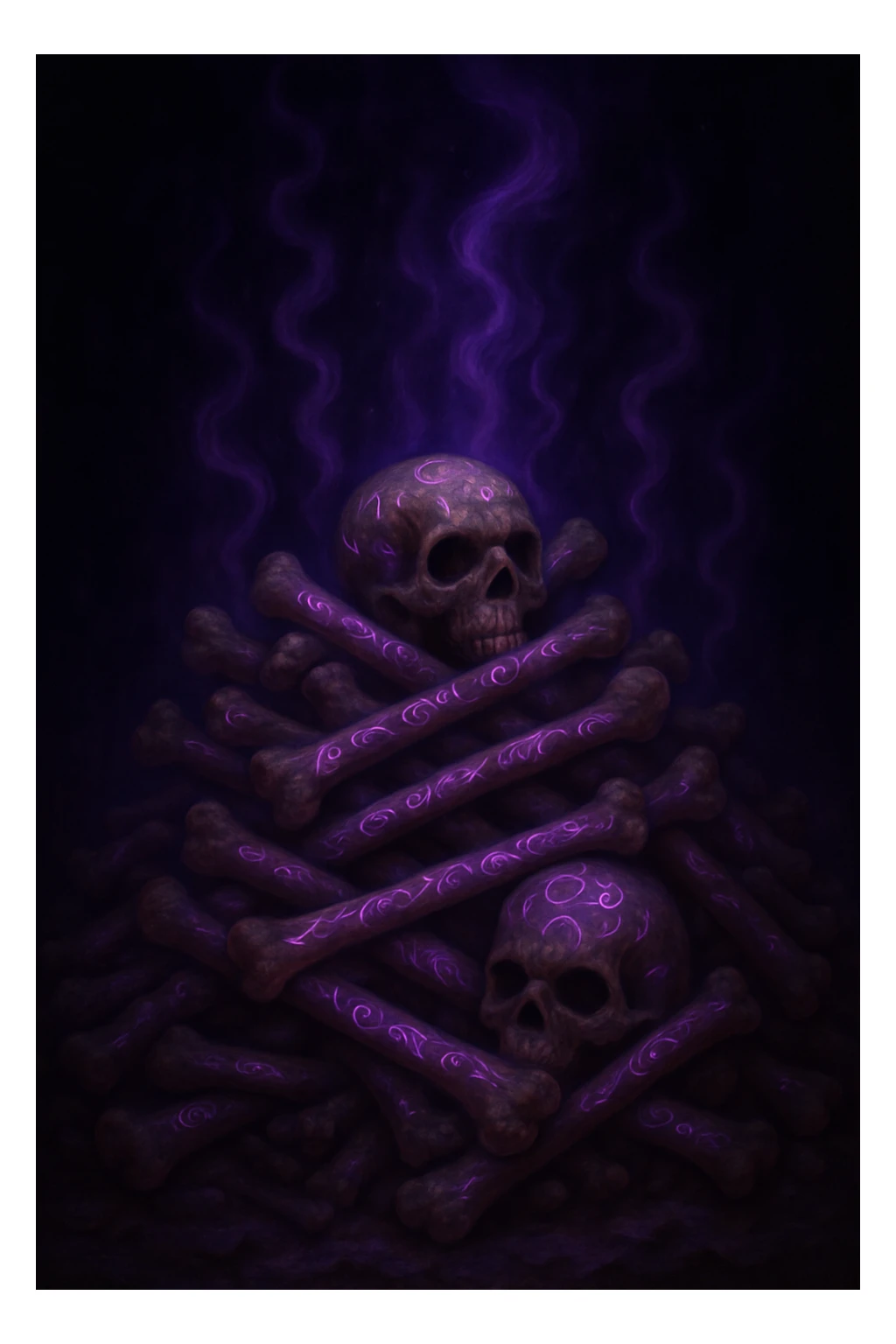 Change the mystical energy to purple, keep the bones with arcane symbols and wisps of energy. Maintain the fantasy style with purple mystical energy and arcane symbols glowing around the bones. sticker