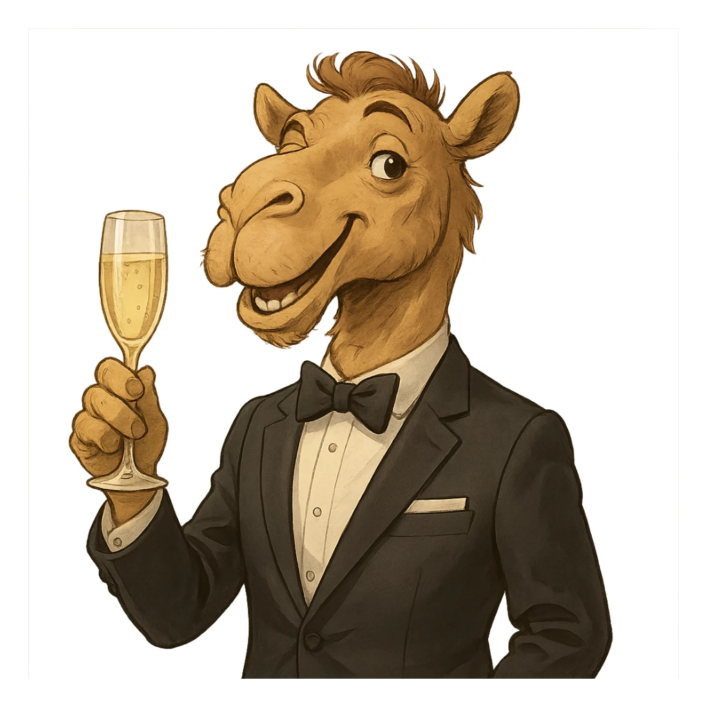 a camel dressed in a suit, sipping champagne, elegant and playful, formal attire, cheerful expression sticker