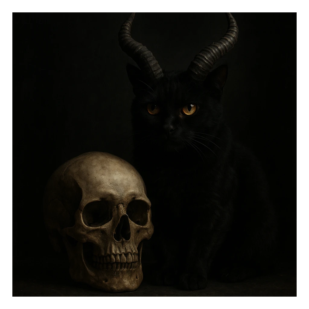 A black cat with large, twisted demon horns, sitting next to a human skull, dark and atmospheric, moody and dramatic sticker