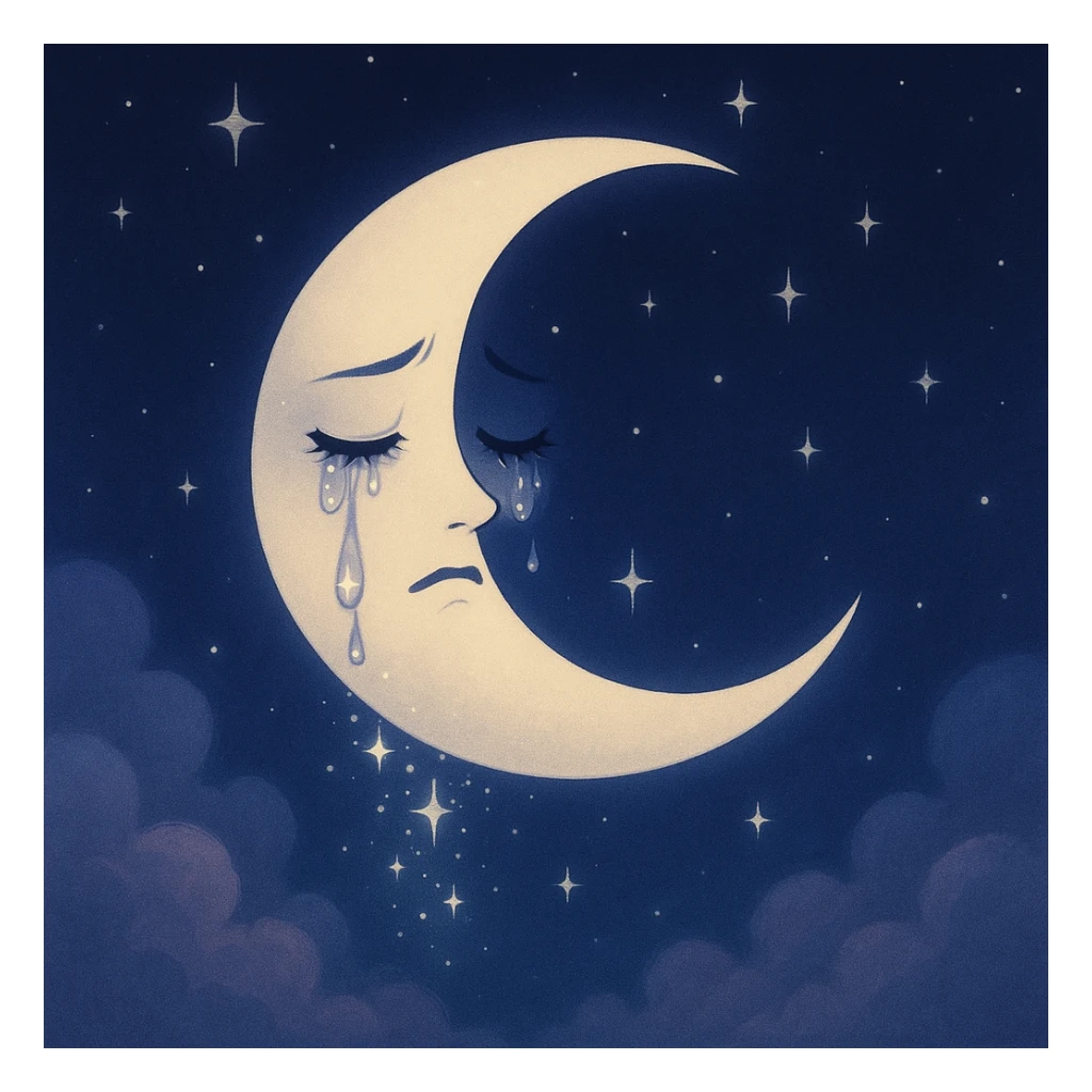 aesthetic nightcore crescent moon with closed eyes, teary, sparkles falling like tears, stars, navy-to-indigo gradient background, soft clouds, dreamy sadness sticker