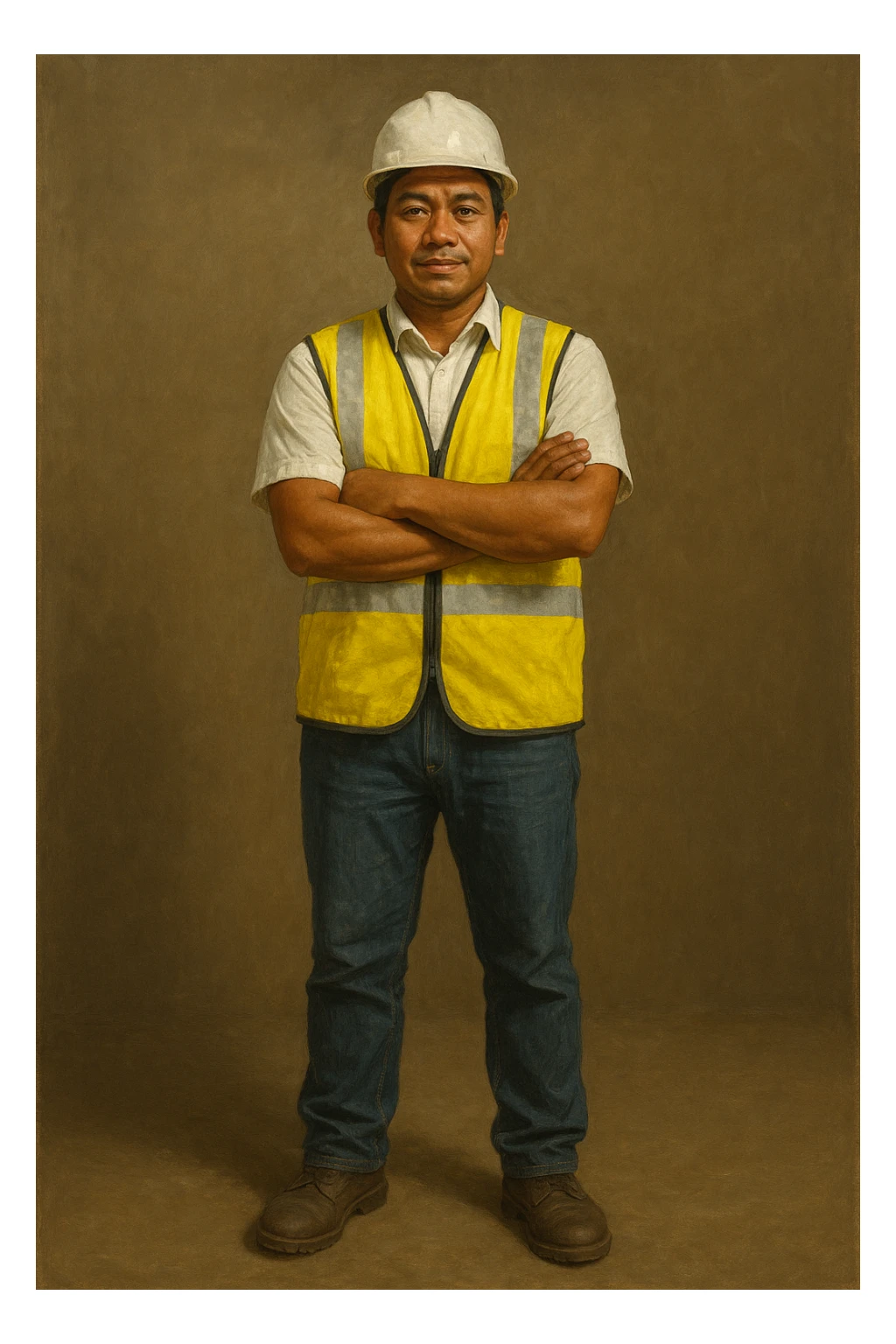 Сгенерируй мне в стиле реалистичной живописи на однородном фоне инженера индонезийской внешности, он в каске и строительном жилете. Он одет опрятно и чисто. В полный рост sticker