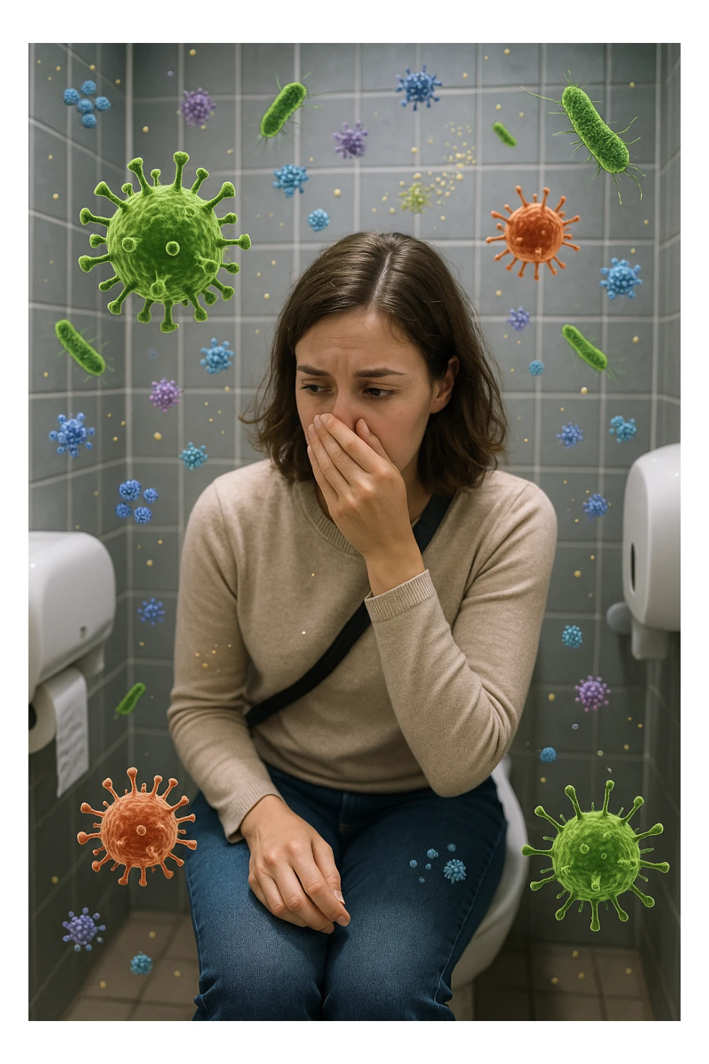 Donna che usa bagni pubblici ma in aria è pieno di virus e batteri sticker