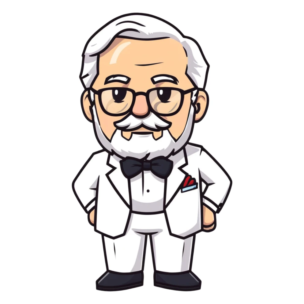 Colonel Sanders KFC, old man with white hair, white goatee, black bow tie, white suit, glasses sticker