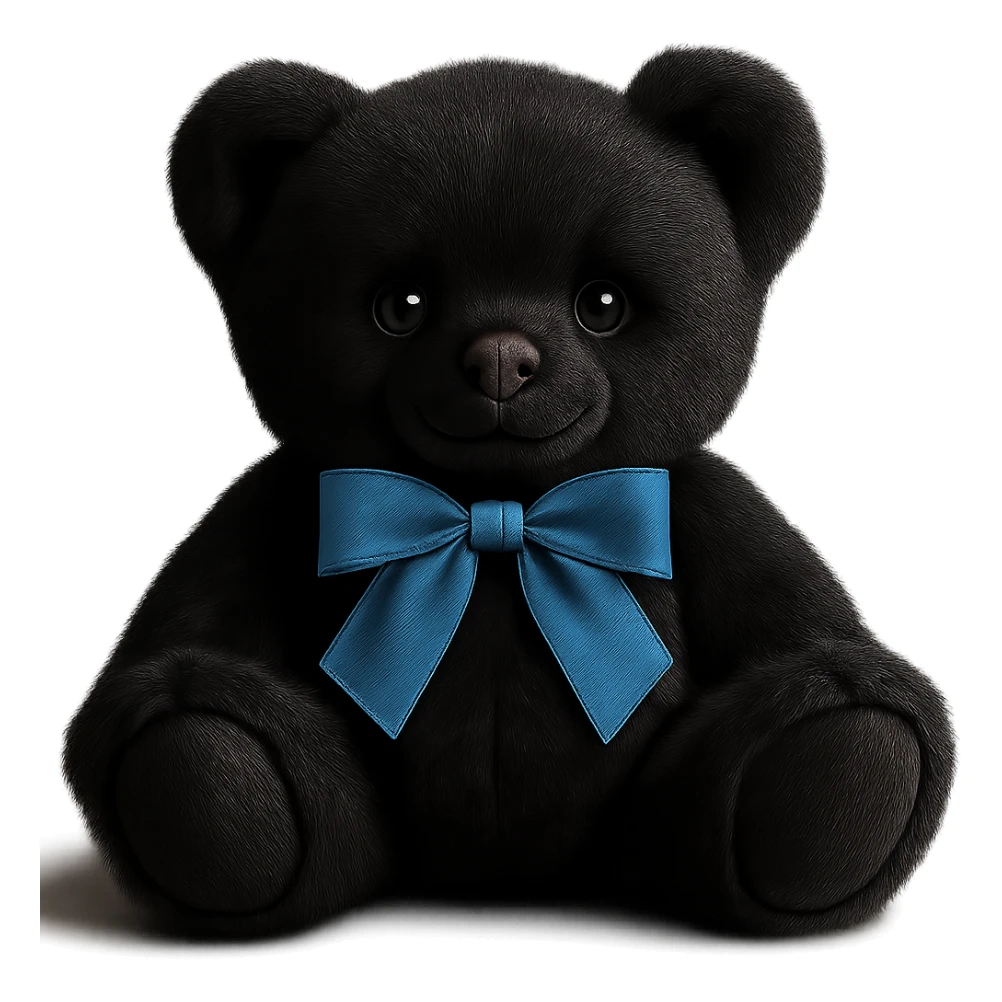 Change the teddy bear's fur to a realistic black color, keep soft lighting, and maintain a transparent background. The style should remain consistent with the original image's soft and realistic look. sticker