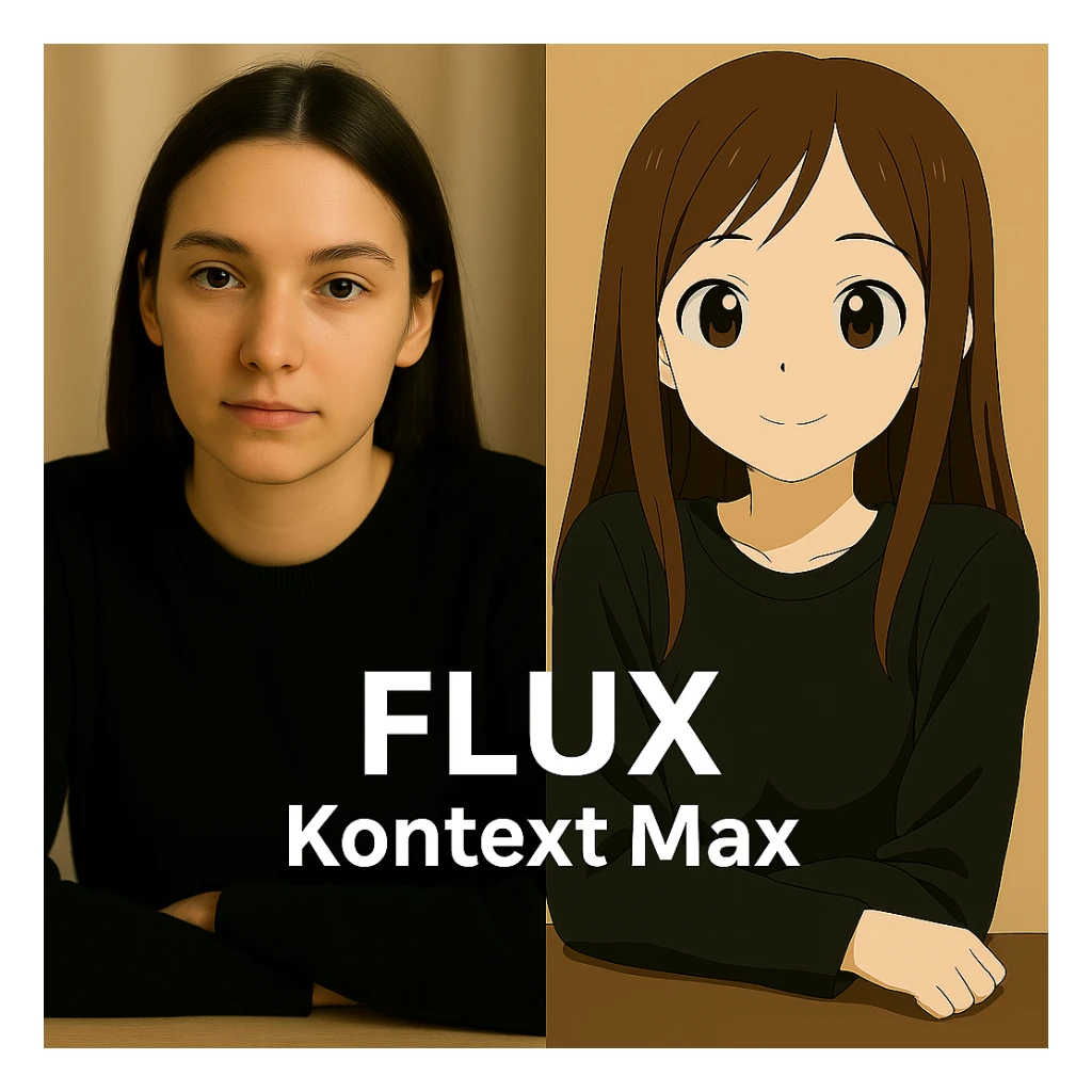 same similar image but chnage the text to "Flux Kontext Max", change people and pose too sticker