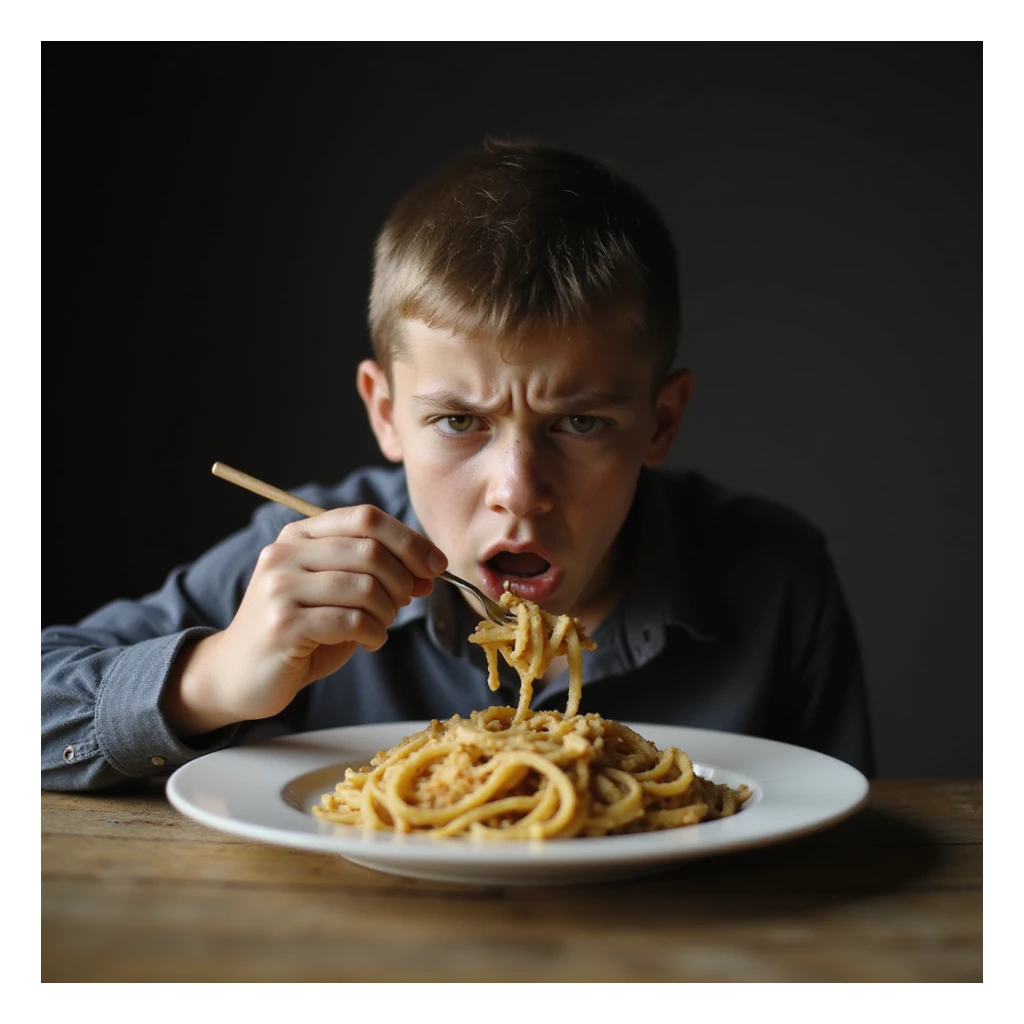 young sad man eating a plate of pasta, sad expression, hyperrealism 4K sticker