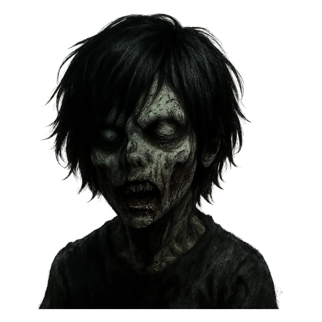 boy zombie with black medium-long emo shaggy hair, dark and spooky, creepy expression sticker