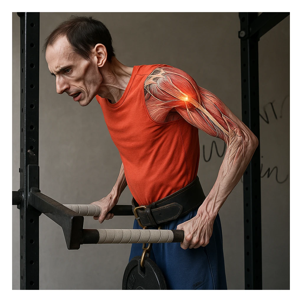 Hyperrealistic 4K image of a very thin man performing a dip on parallel bars, side position as in the reference, showing an expression of discomfort. Shoulder highlighted with an anatomical effect showing muscles, tendons, and inflammation. Gym atmosphere. Variant 4. sticker