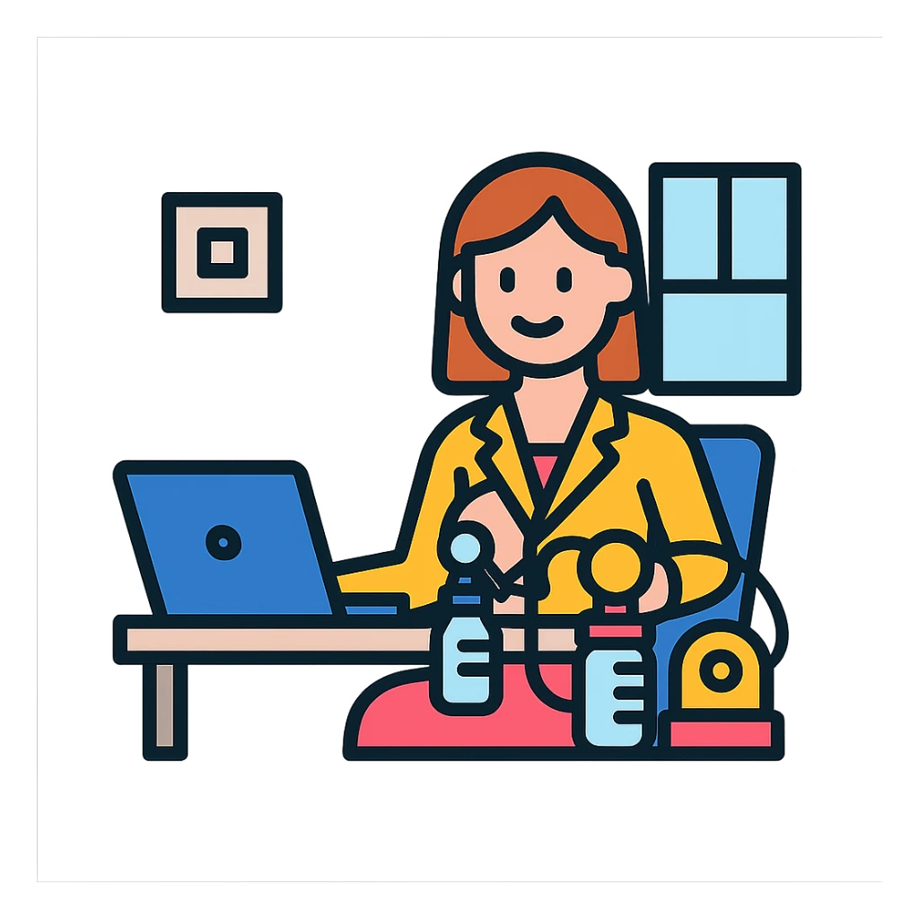 working mum pumping milk at her desk, business attire, laptop, breast pump, supportive and empowering, modern office setting sticker
