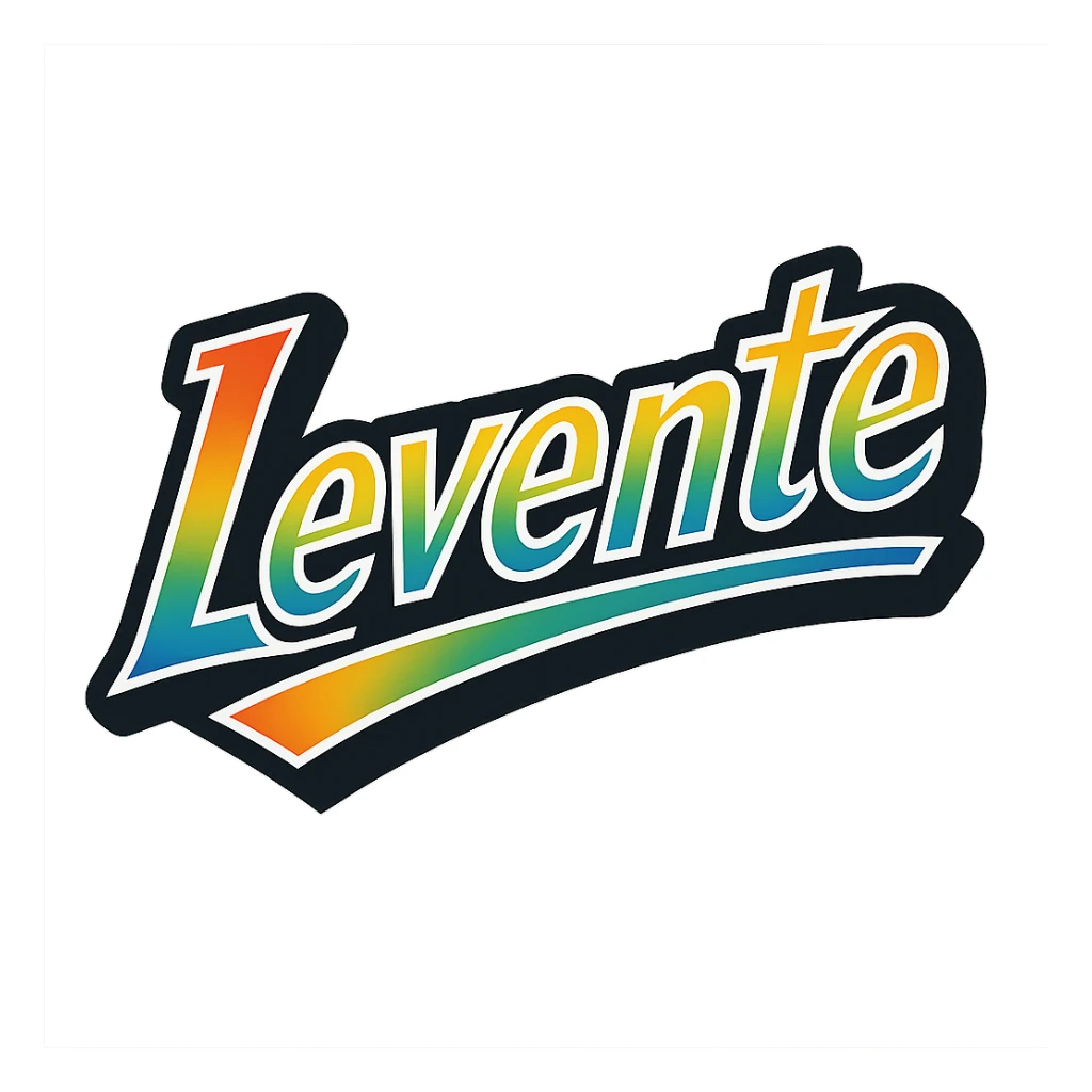 The name 'Levente' in modern, precise Hungarian letters with a rainbow gradient fill, extra thick white letter outline, dark contour, transparent background, dynamic slanted underline, in the style of the reference sample images. sticker