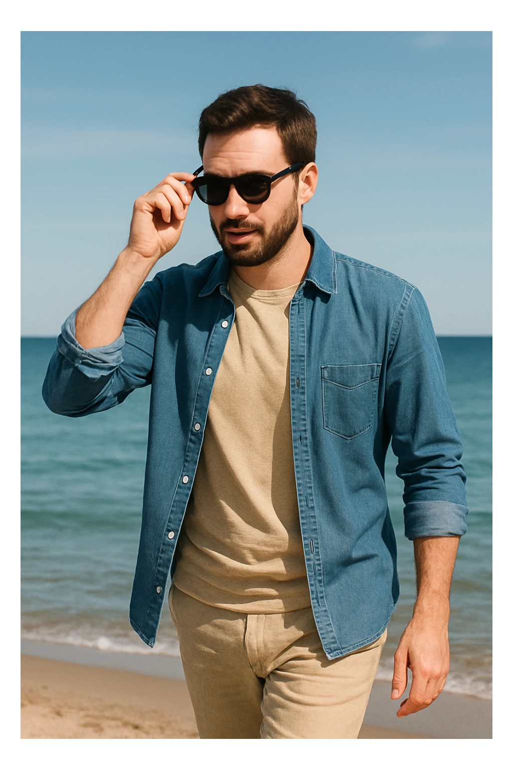 uomo passeggia a mare e si mette gli occhiali da sole sticker