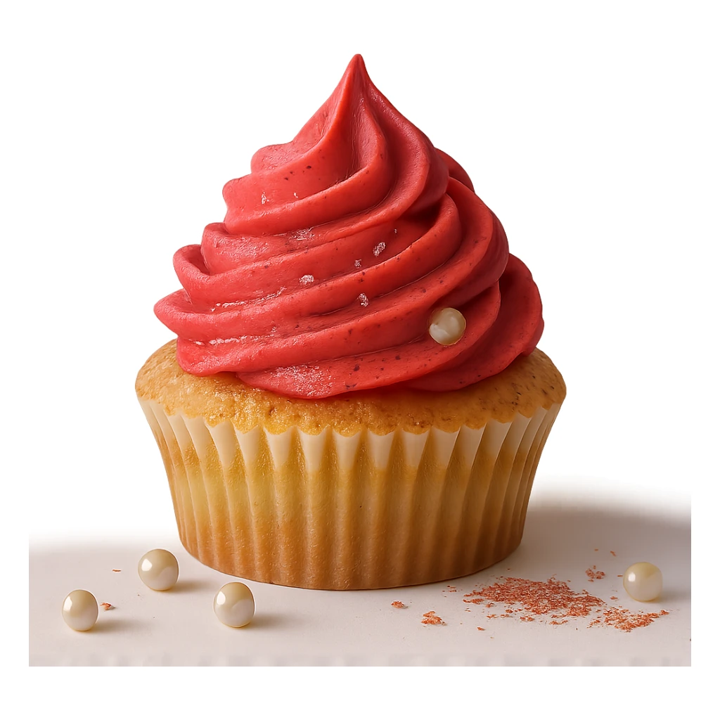 Change the icing to strawberry flavor, keep the realistic cupcake and accessories, photorealistic style, transparent background. Maintain the realistic look and details of the cupcake and accessories while changing the icing to strawberry. sticker