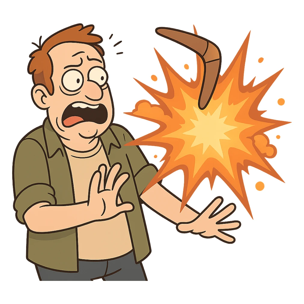 dynamic cartoon-style explosion with a boomerang flying through the blast, representing the concept of 'kaboomerang' sticker