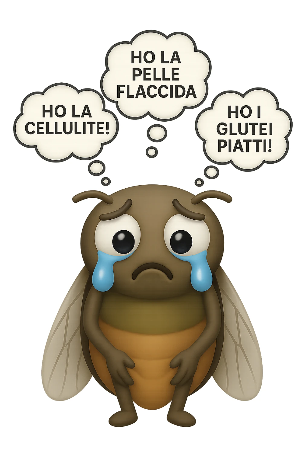 EMOJI STILE IPHONE 3D DI una cicala triste che si tocca le cosce e piange perché non le piace il suo fisico, posa frontale, fagli anche la parte bianca degli occhi, non solo la pupilla, sulla testa della cicala aleggiano i pensieri "HO LA PELLE FLACCIDA", "HO LA CELLULITE!", "HO I GLUTEI PIATTI!" sticker