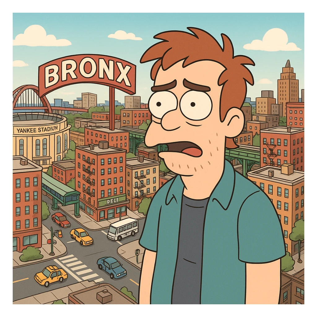 360-degree cityscape of the Bronx from above, featuring iconic landmarks, apartment buildings, and busy streets, colorful cartoon style sticker