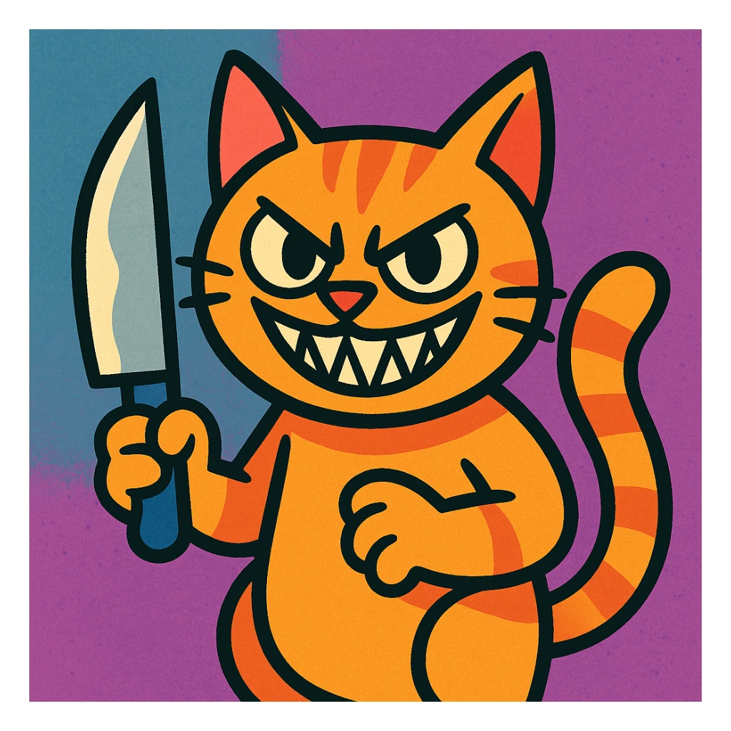 a cat holding a knife with a menacing smile, fun and expressive style, bold colorful cartoon illustration sticker