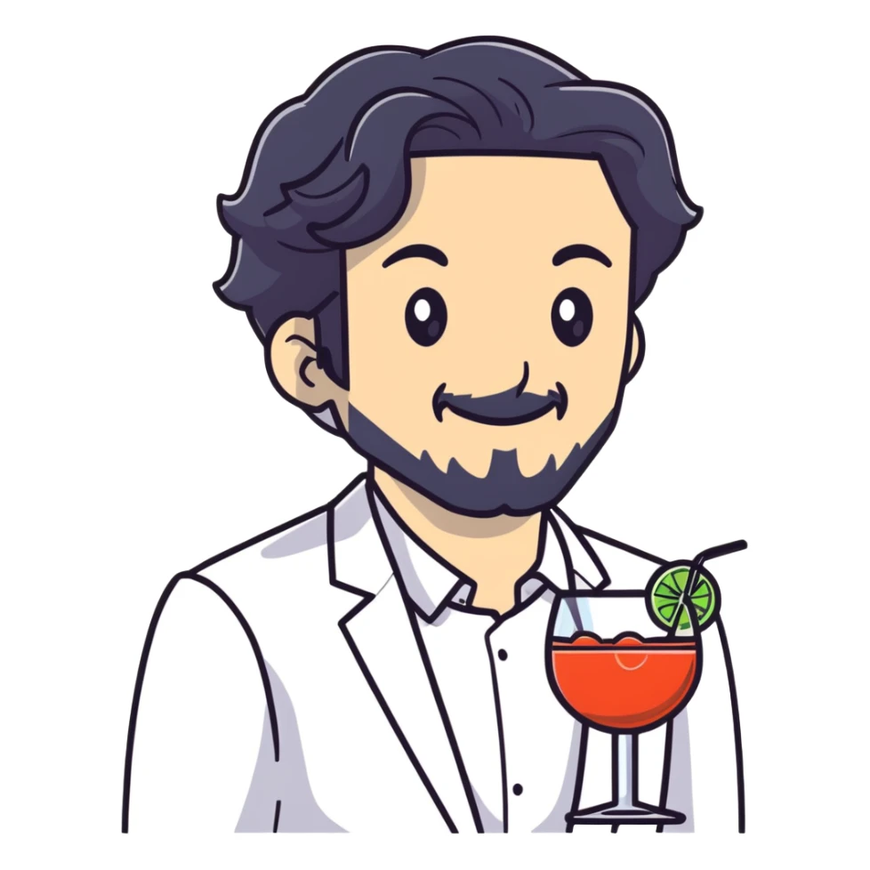 Management educator with black wavy hair, stubble, strong features, white skin, smart casual attire, mingling at a business networking reception, engaged in dynamic conversation with other professionals, cocktail event setting sticker