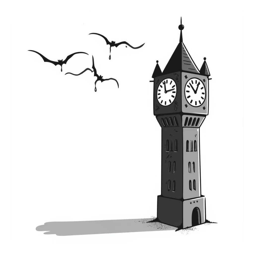 Hand-drawn scary clocktower with blood stains dripping from the numbers, halloween theme sticker