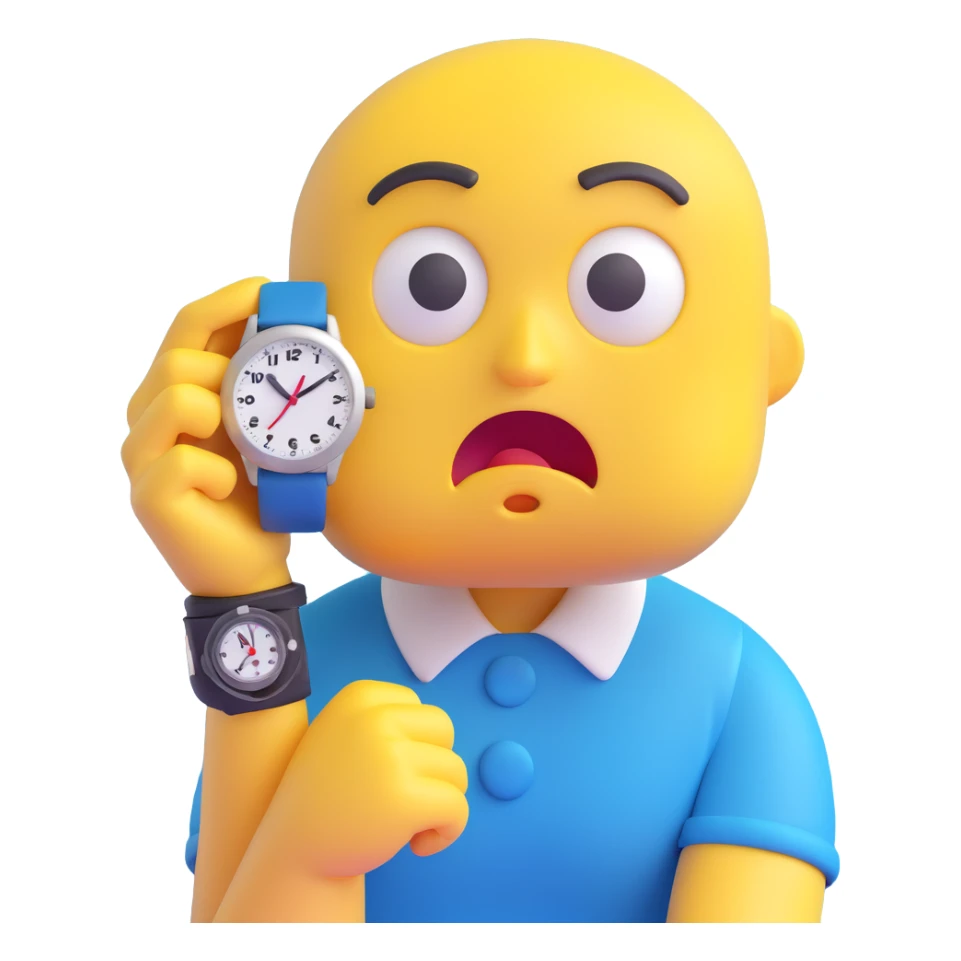 A yellow emoji face with a worried expression, looking at a wristwatch with raised eyebrows, showing urgency and stress sticker