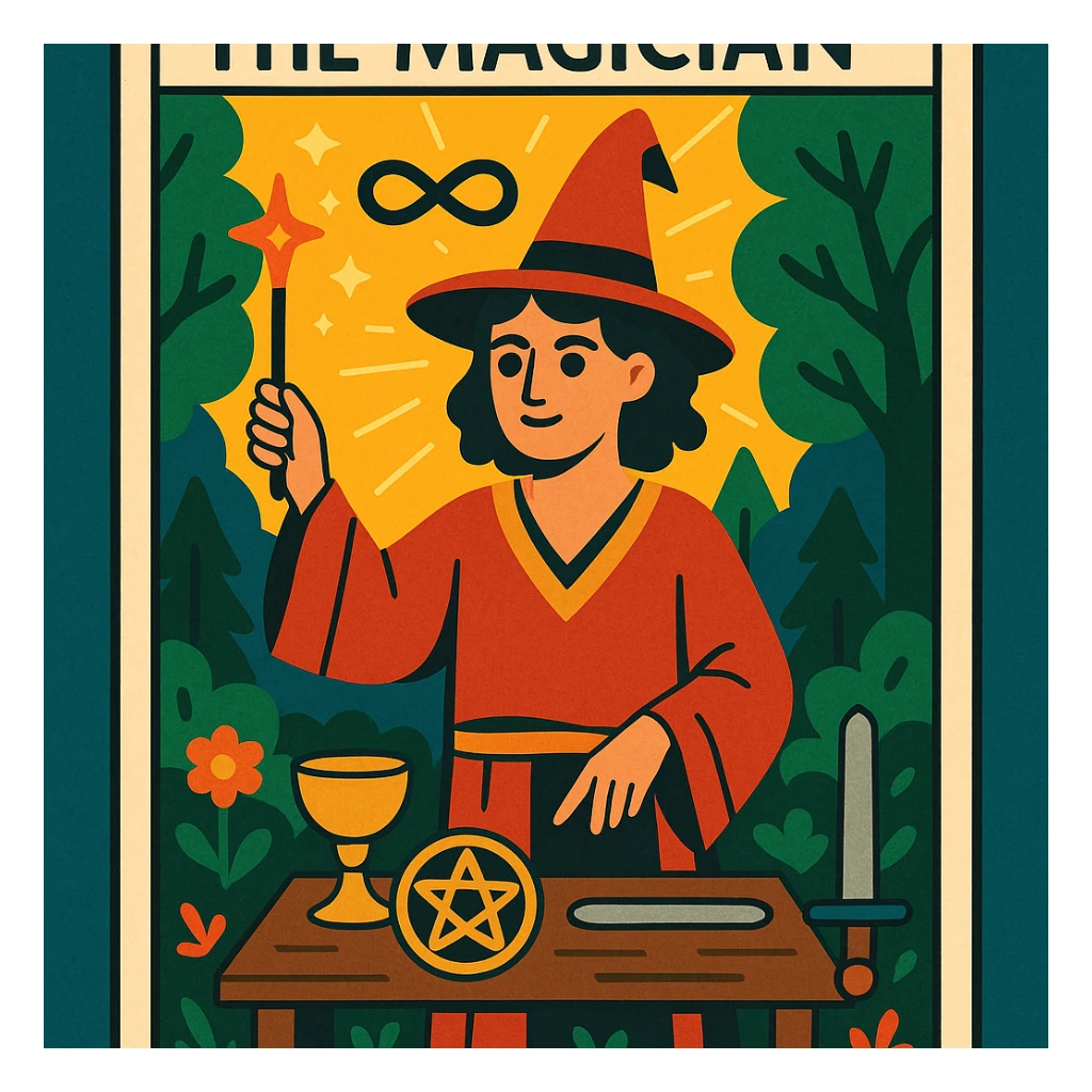 A tarot card featuring The Magician, with magical symbols and forest elements, in a whimsical fantasy style. sticker