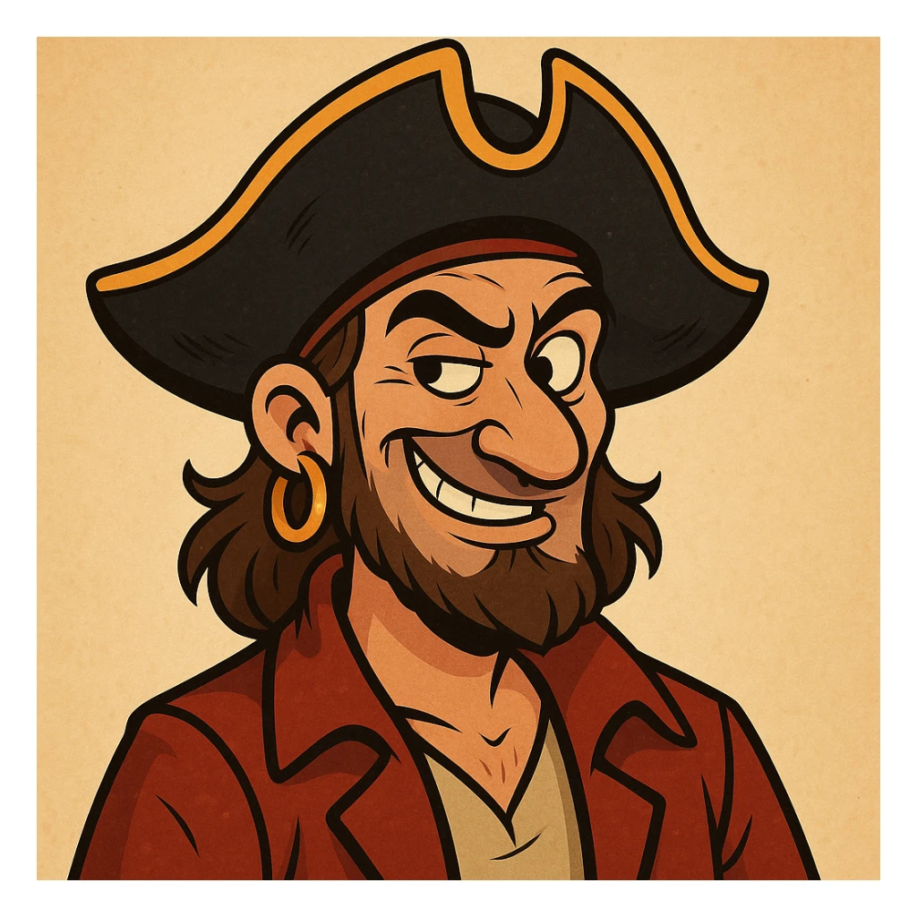 pirate with a smirk, classic pirate hat, gold earring, mischievous expression, cartoon style sticker