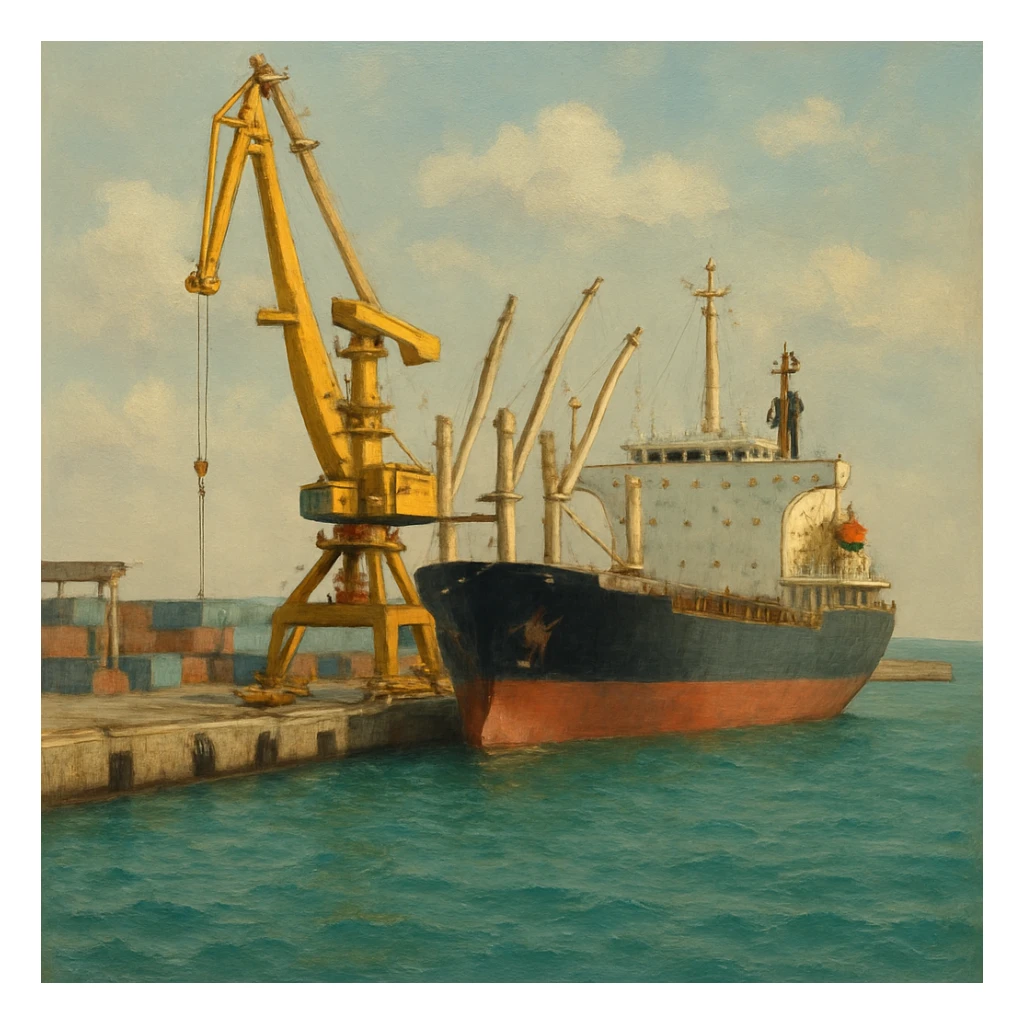 фотография современного торгового порта на берегу моря. На переднем плане — большой грузовой корабль у причала, рядом высокий портовый кран жёлтого цвета. Вода бирюзовая, слегка волнистая, на фоне виден бетонный волнорез и небо с мягкими облаками. Композиция сбалансирована: корабль справа, кран слева. Освещение дневное, естественное, с мягкими тенями. Атмосфера индустриальная, но спокойная, без людей. В СТИЛЕ РЕАЛИСТИЧНОЙ ЖИВОПИСИ на однородном фоне sticker